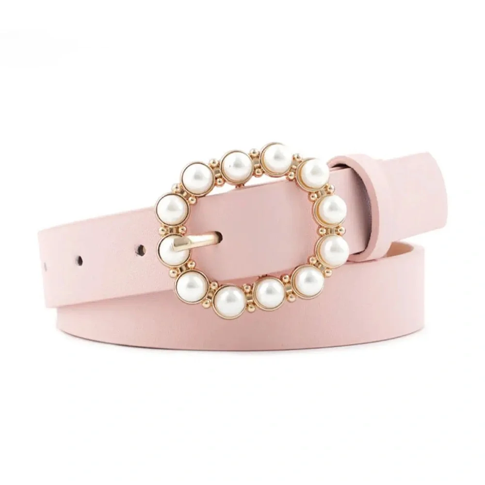 Elegant Tan Faux Leather Belt with Pearl-Embellished Oval Buckle